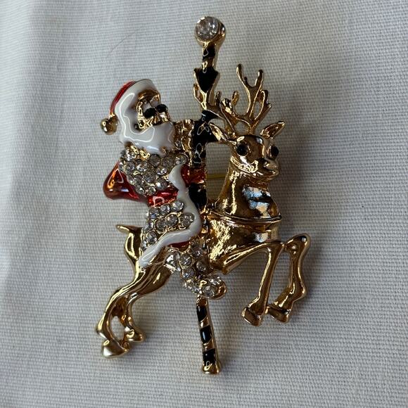 Santa on a Carousel Reindeer Brooch Pin Christmas Holiday Retro Vintage Style - Picture 6 of 6